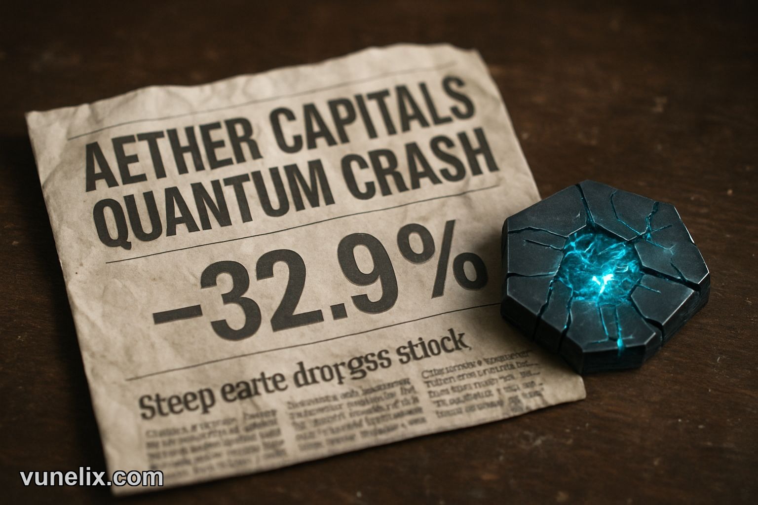 Crumpled newspaper about Aether Capital's quantum AI crash.