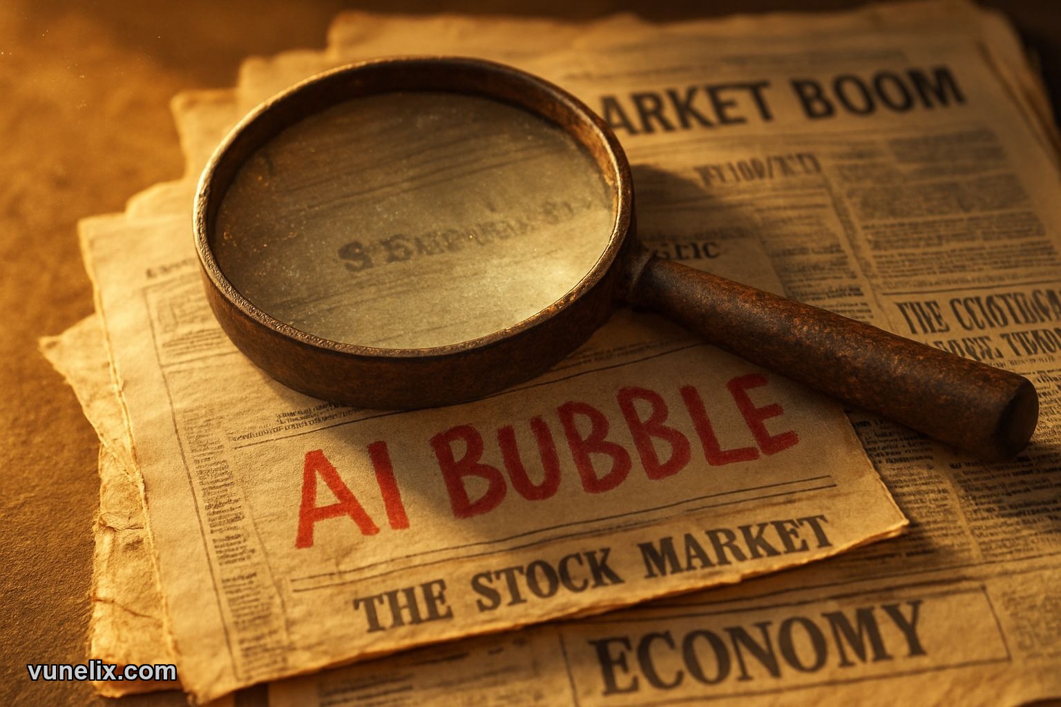 Magnifying glass on old newspaper with "AI BUBBLE?" handwritten, city skyline background.