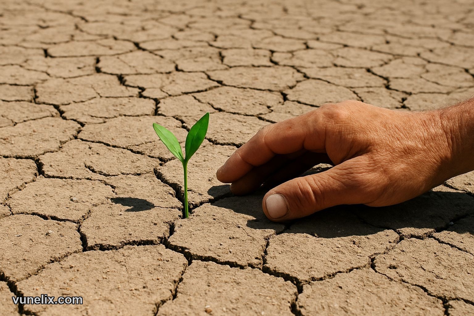Man touching a green sprout emerging from dry cracked earth