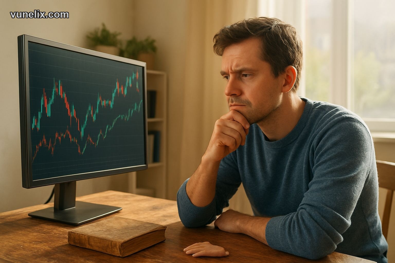 Person confused by conflicting Amazon stock data, "What now?" carved on wood