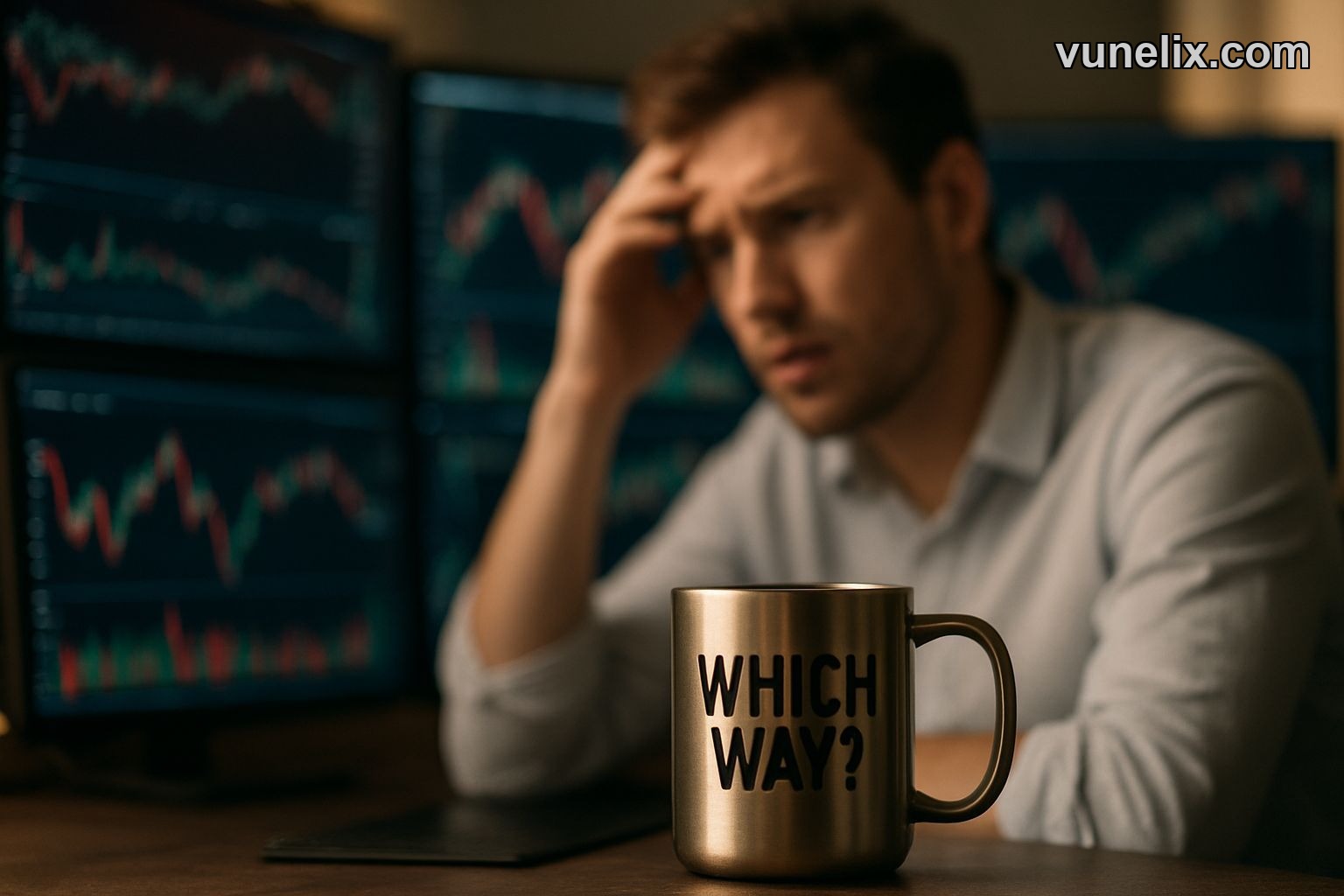 Investor looking at multiple confusing financial charts.