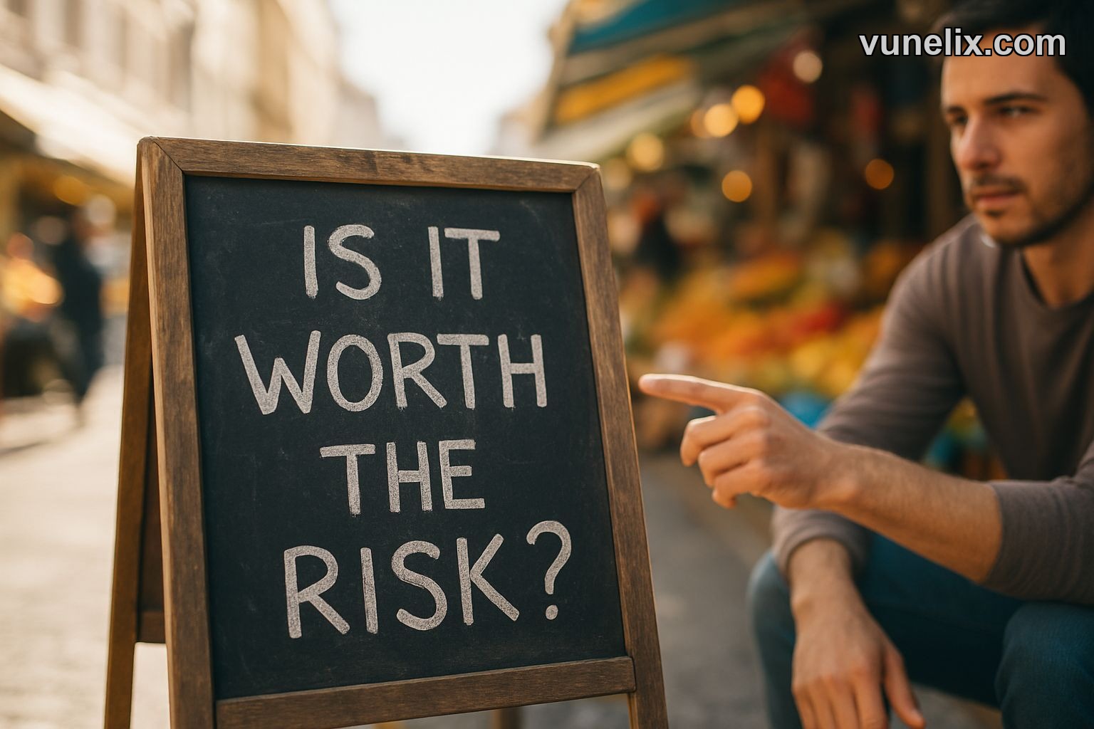 Chalkboard in market with "Is It Worth The Risk?" text.