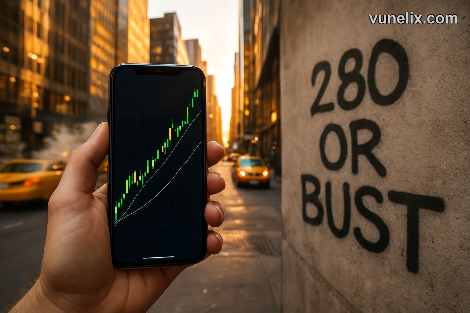 Person holding iPhone with Apple Inc. stock chart on busy New York street