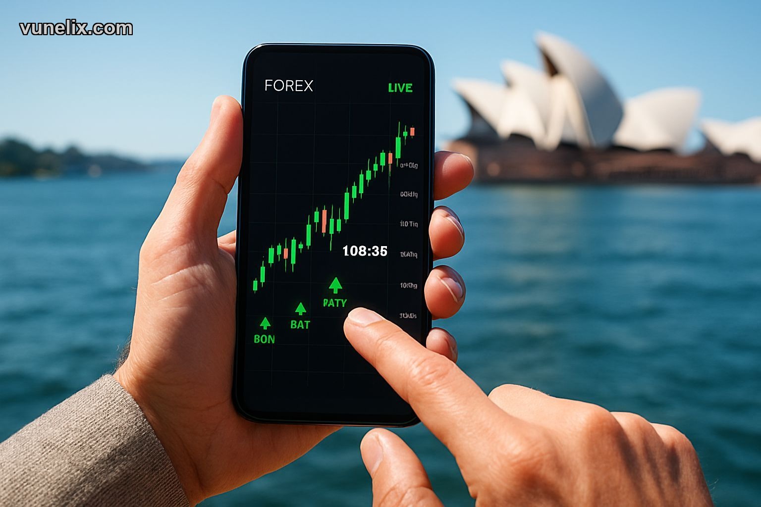 Trader analyzing Australian Dollar Japanese Yen buy signal on smartphone
