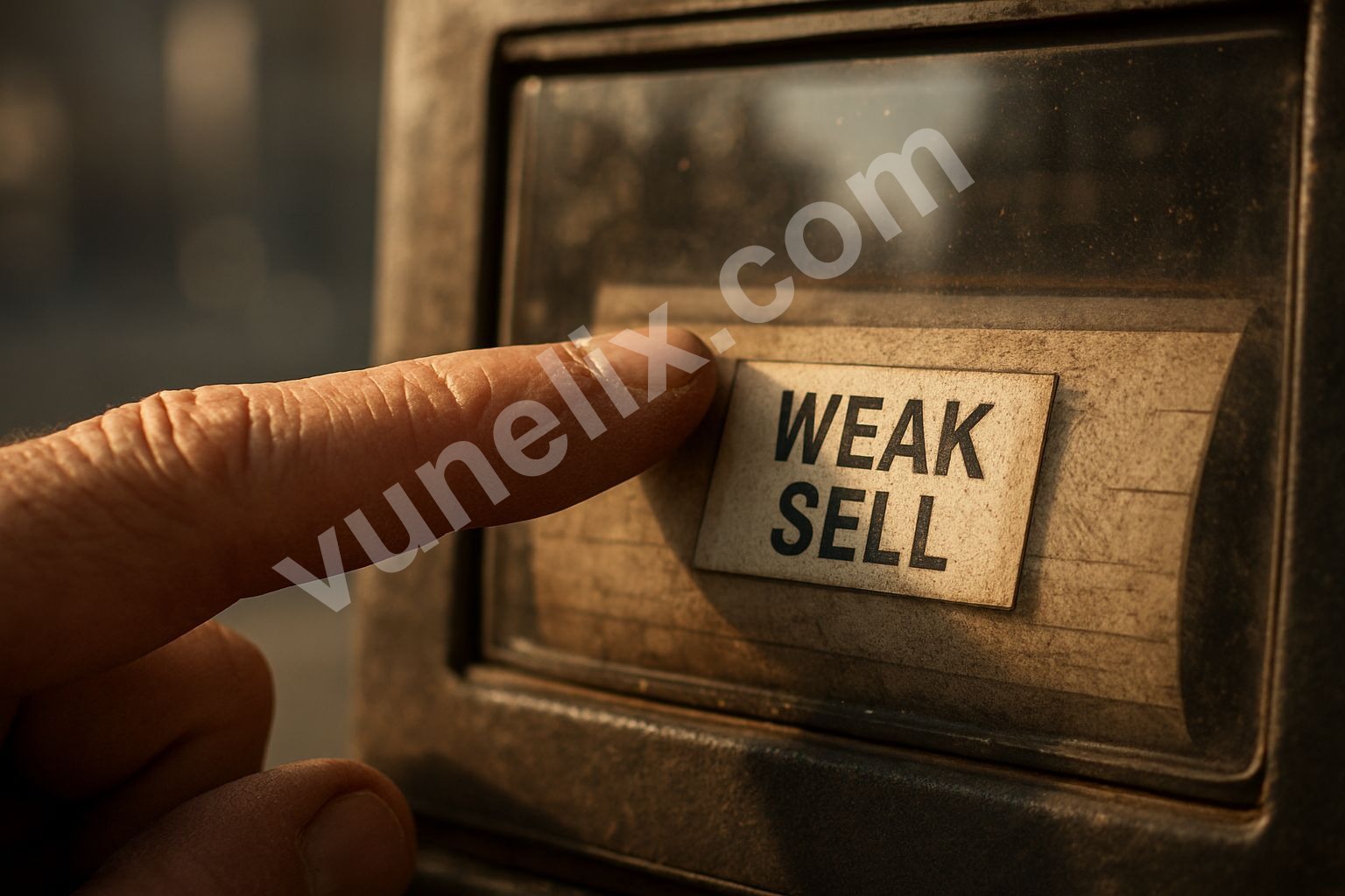 Finger pointing at "WEAK SELL" signal on a vintage stock ticker.
