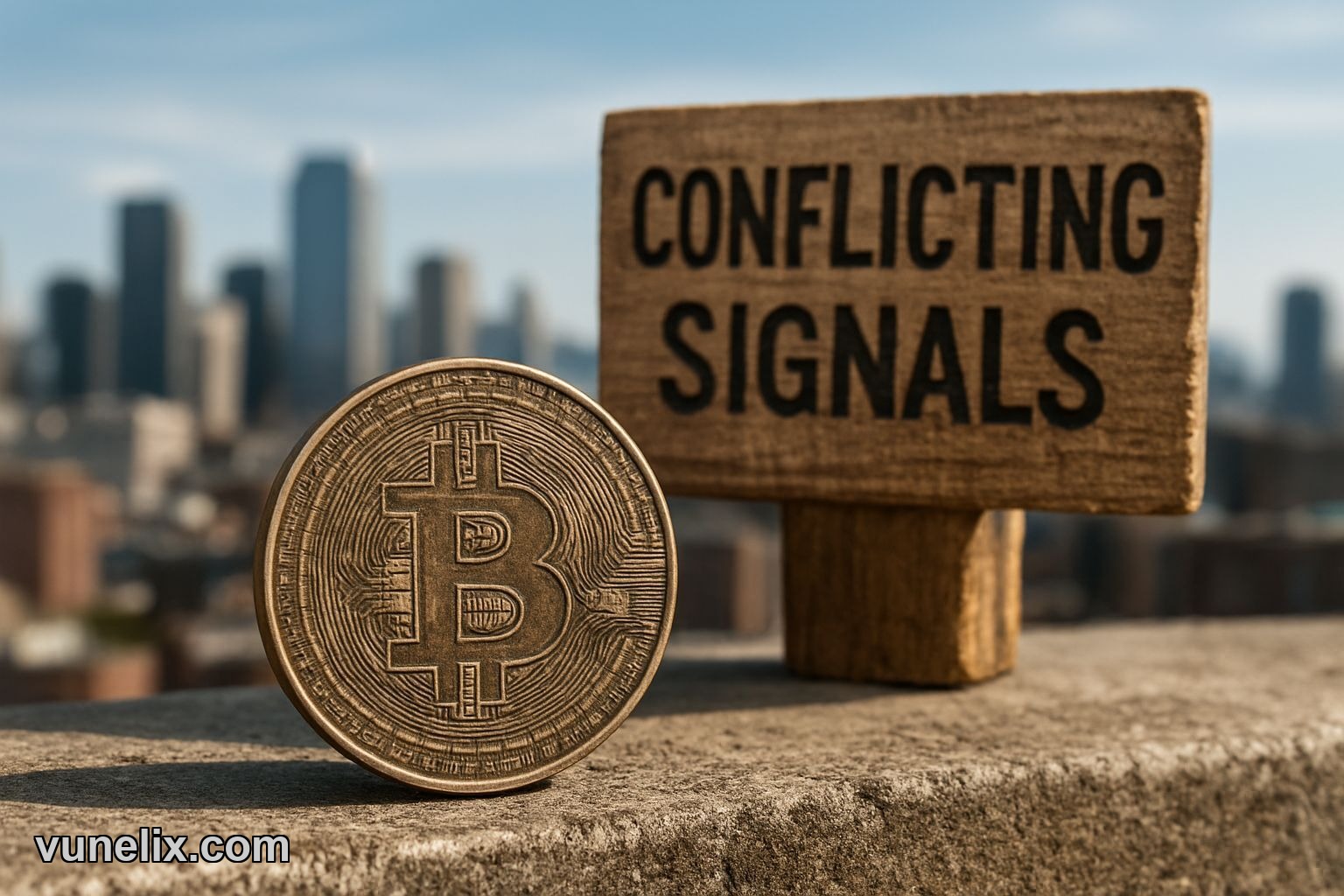 Worn Bitcoin coin with "CONFLICTING SIGNALS" text, city skyline background.