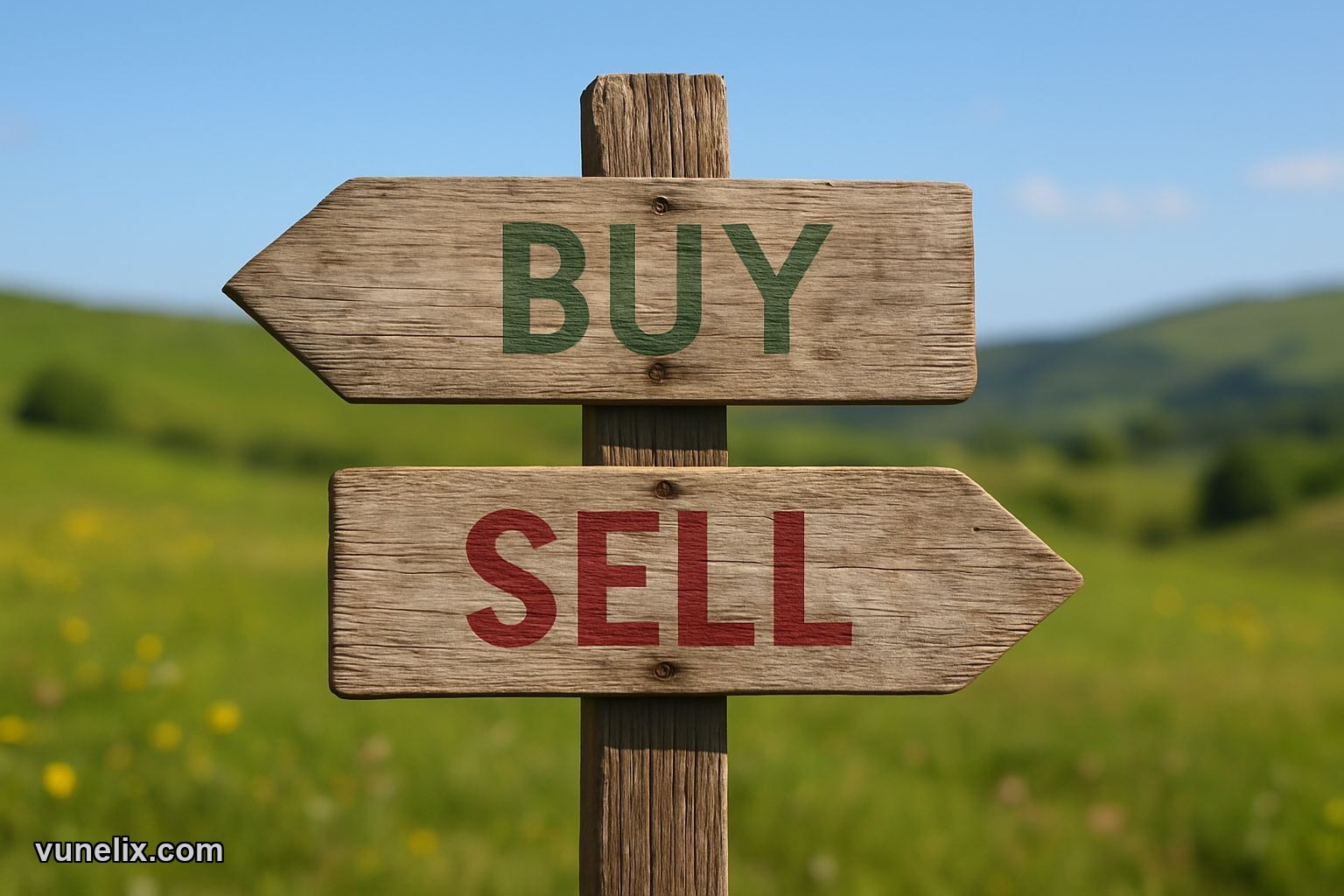 Bitcoin price signpost showing buy and sell directions at $69,598