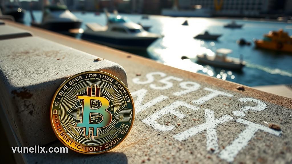 Bitcoin coin on harbor steps with price forecast analysis
