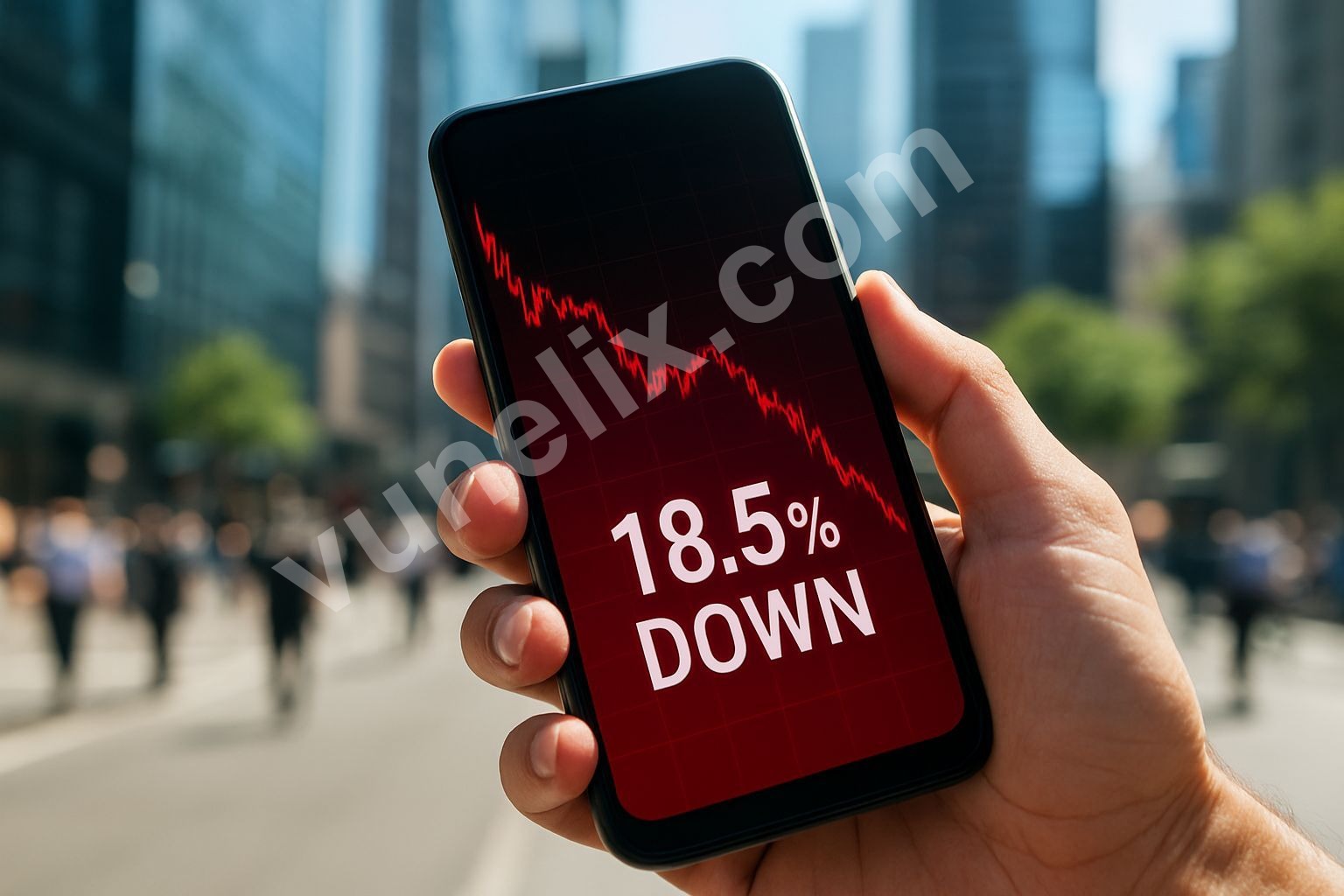 Person's hand holding phone showing Bitcoin's 18.5% crypto market plunge on Feb 21, 2026.