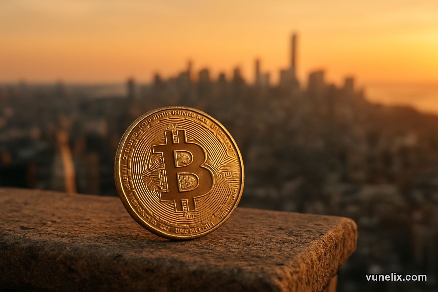 Bitcoin coin on a rooftop terrace with a city skyline at sunset, showing a 'Red Alert' on a screen.