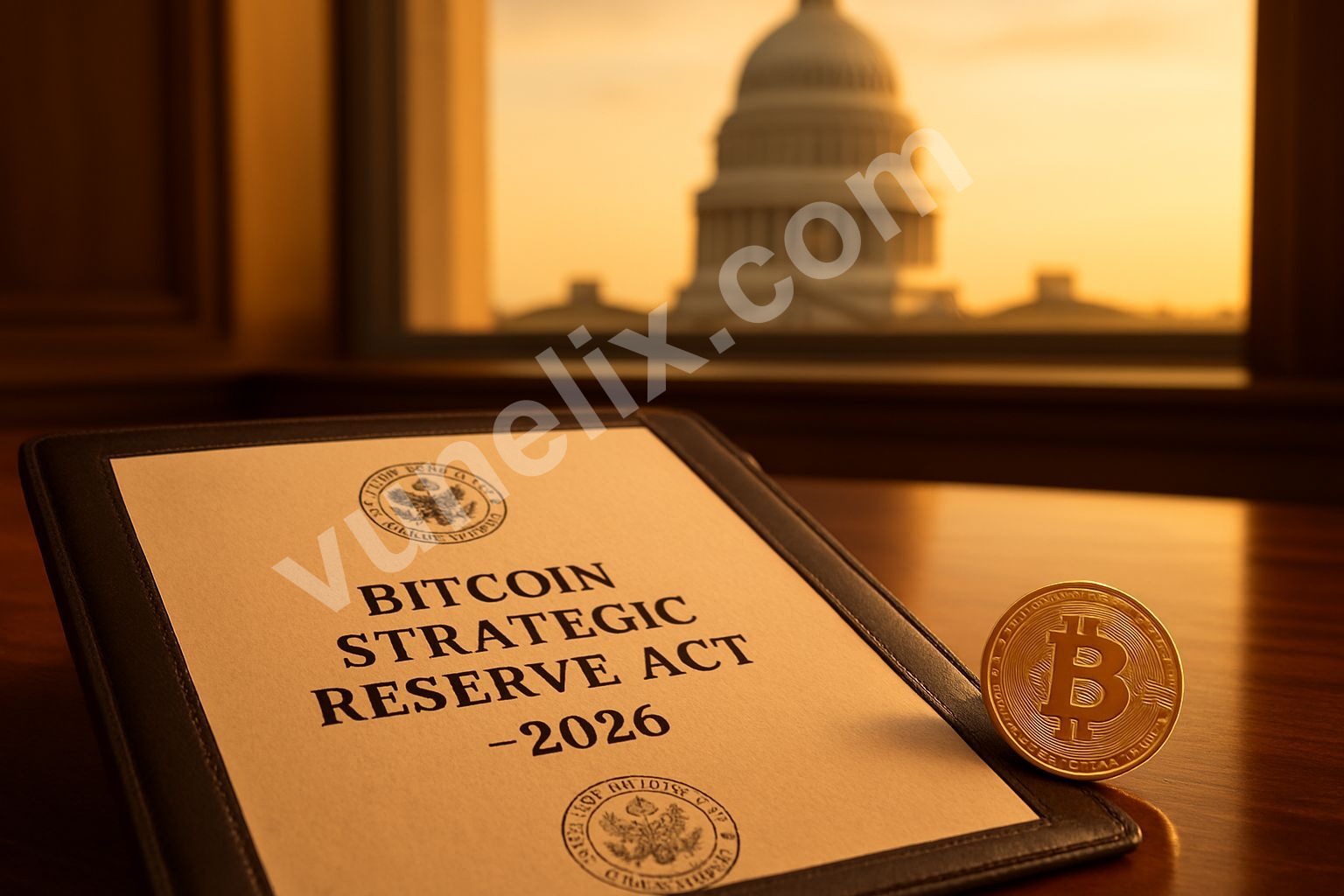 Bitcoin strategic reserve bill document on congressional desk with Capitol building background