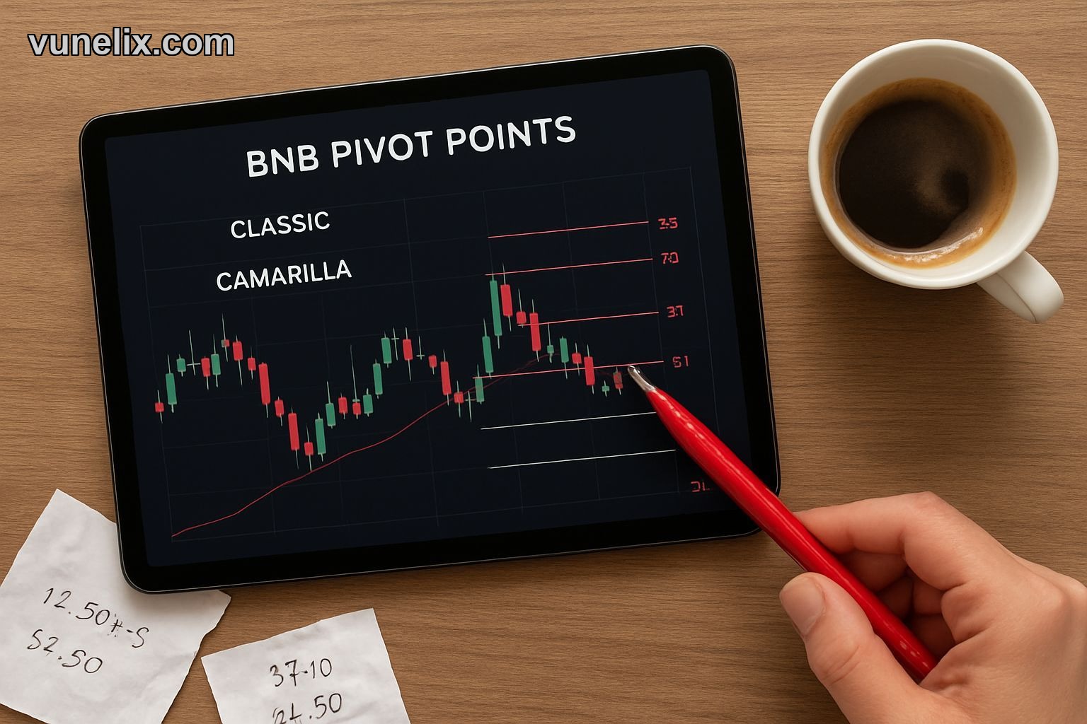 Tablet showing BNB pivot points with a pen and coffee.