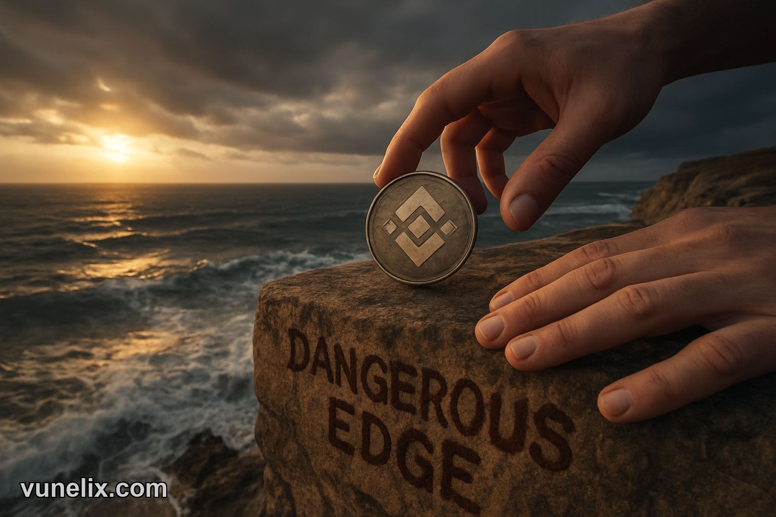 Person balancing BNB coin on a cliff edge.