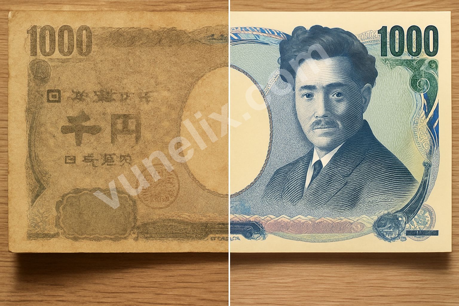 Worn Yen banknote juxtaposed with a crisp, new Yen banknote, showing contrast.
