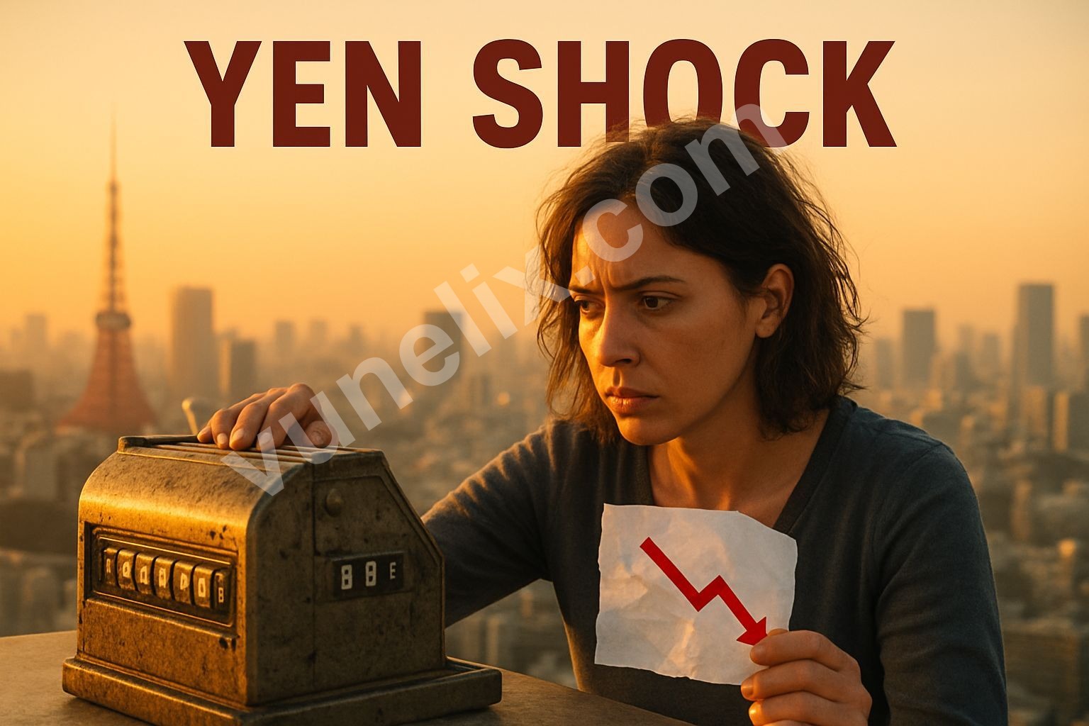 Woman looking at stock ticker with "YEN SHOCK" note, Tokyo skyline background.