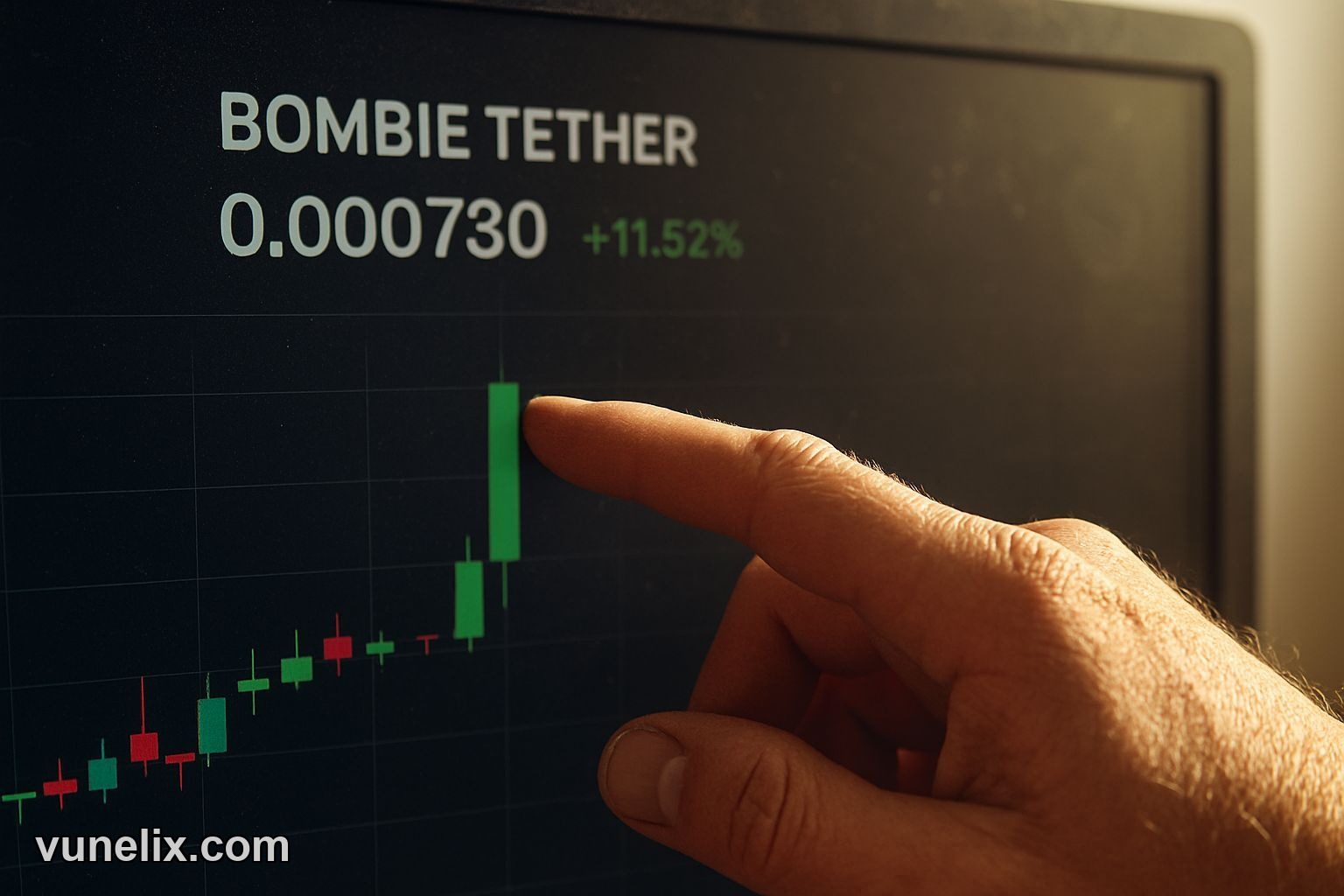 Hand pointing at Bombie / Tether crypto chart with "IS THIS REAL?" text.