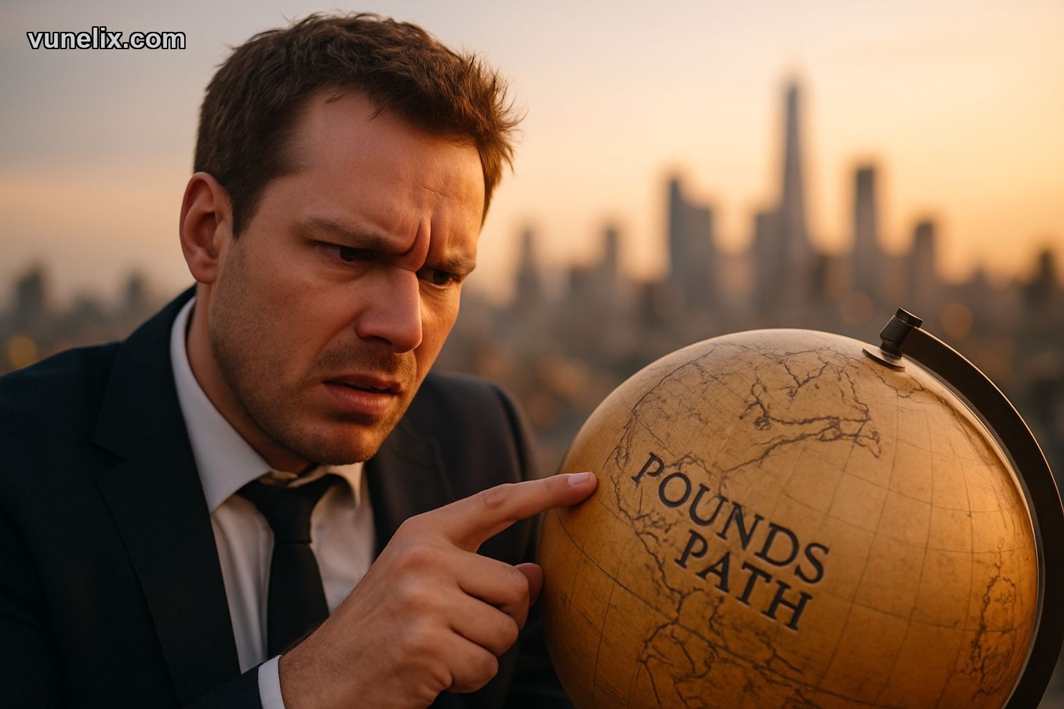 Trader pondering British Pound / U.S. Dollar forecast on a globe.