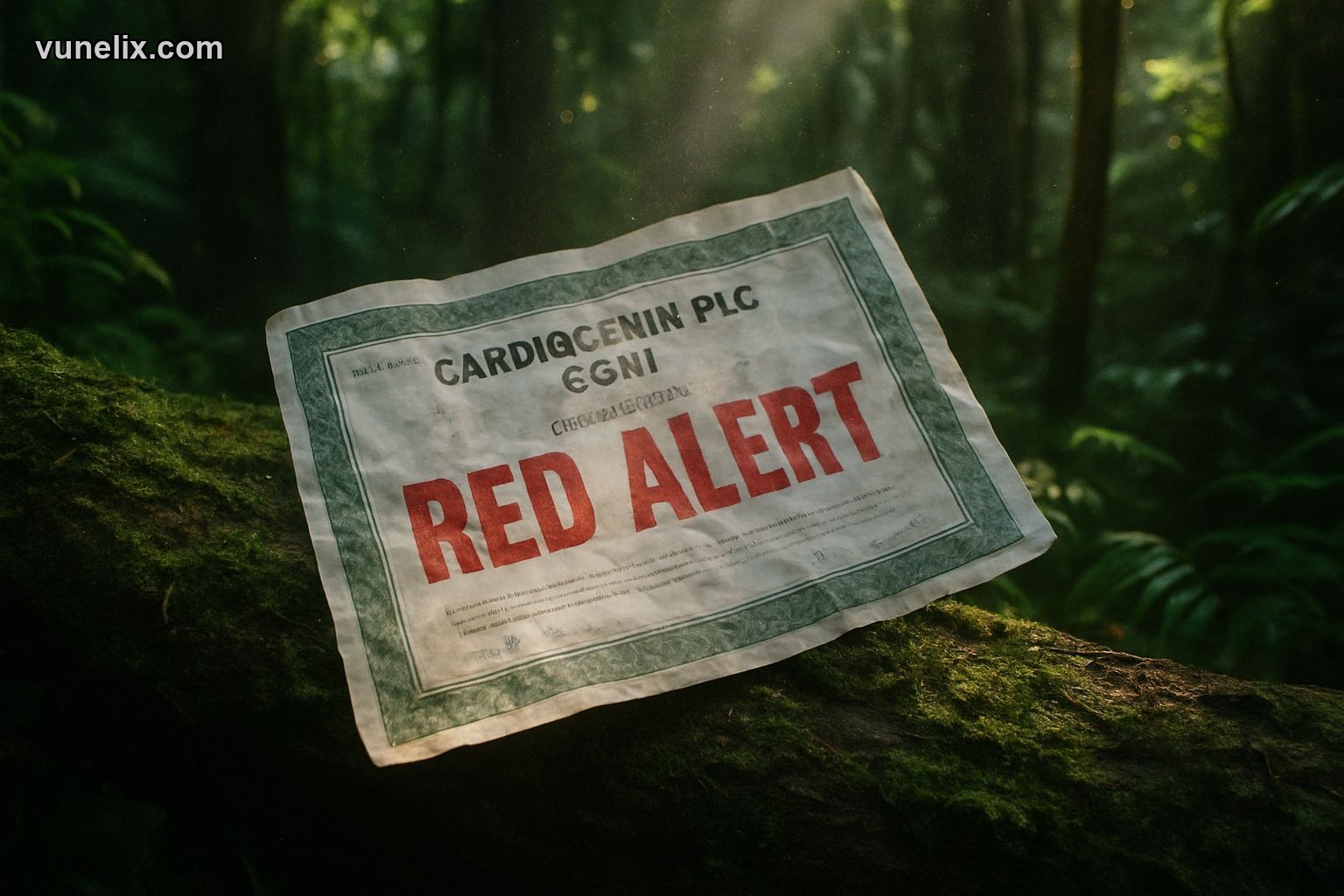Cardiogeni Plc (CGNI) stock certificate on rainforest log with 'RED ALERT' text.