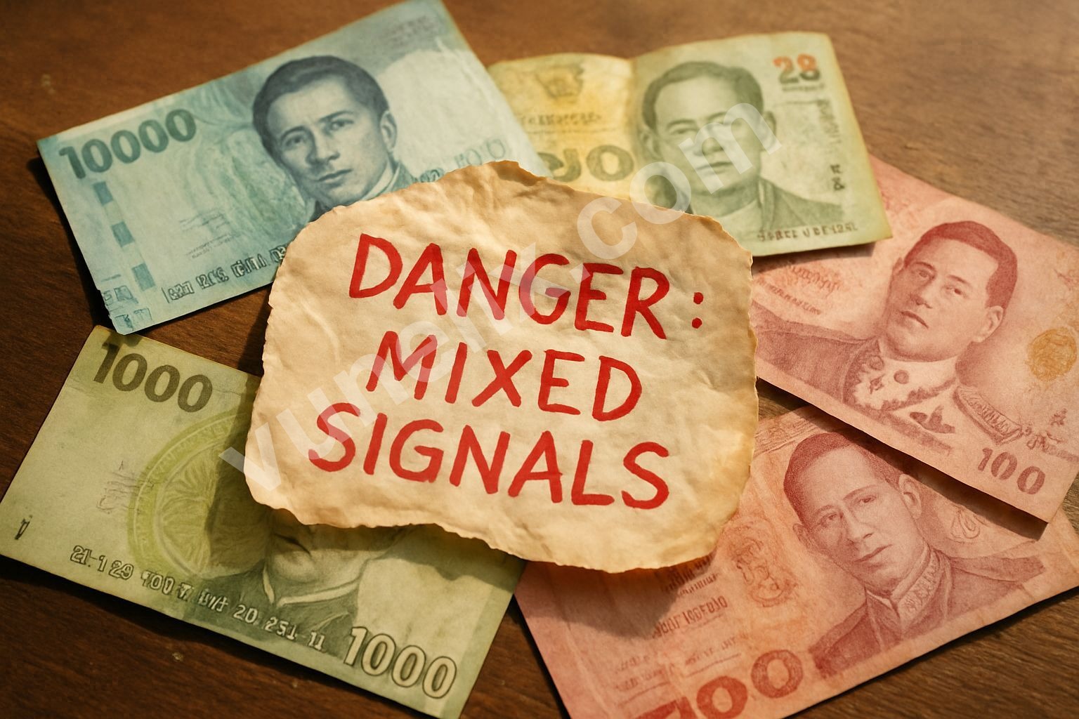 Chilean Peso and Thai Baht banknotes with "DANGER: MIXED SIGNALS" written on crumpled paper.
