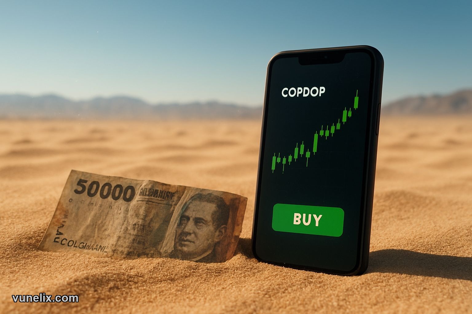 COLOMBIAN PESO / DOMINICAN PESO chart on phone with buy signal on desert sand