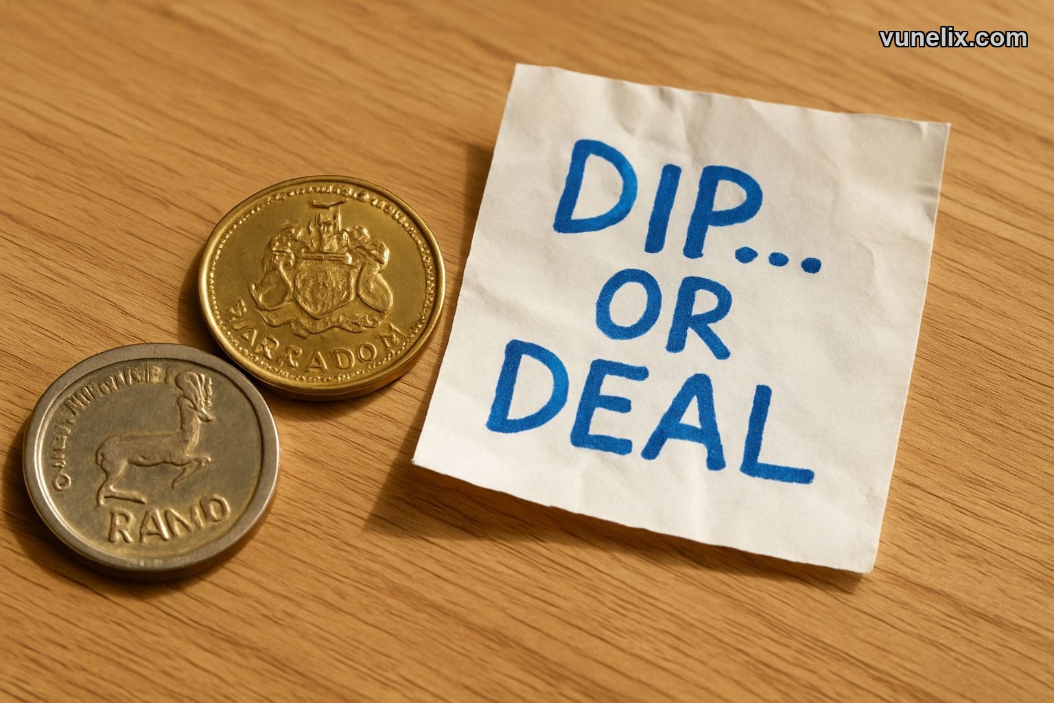 SOUTH AFRICAN RAND / BARBADIAN DOLLAR coins in dewy garden, 'Bulls in Control' sign.