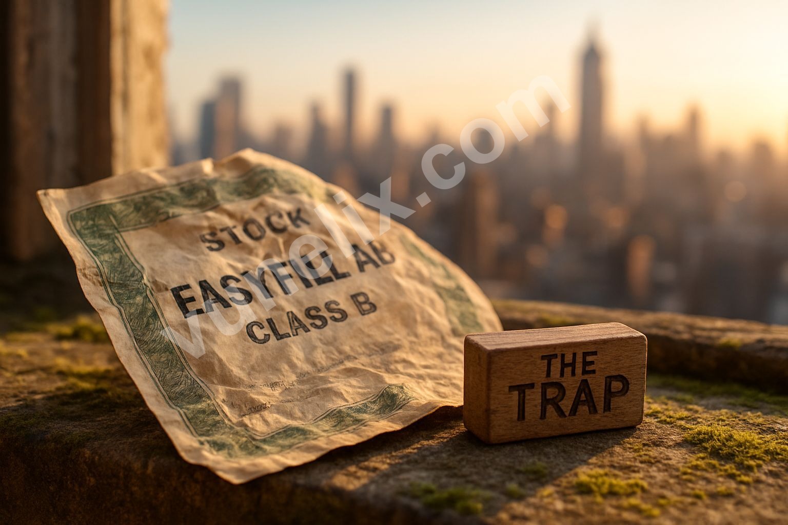 Crumpled stock certificate with "THE TRAP?" text overlay against city skyline.
