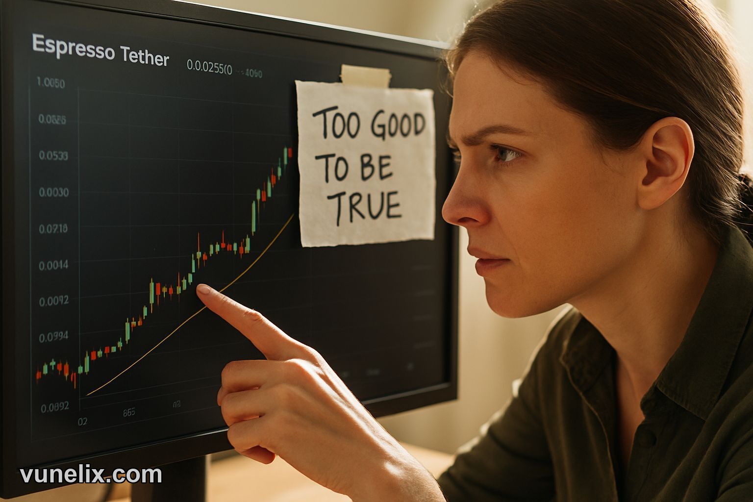 Trader pointing at Espresso / Tether price chart, question text.