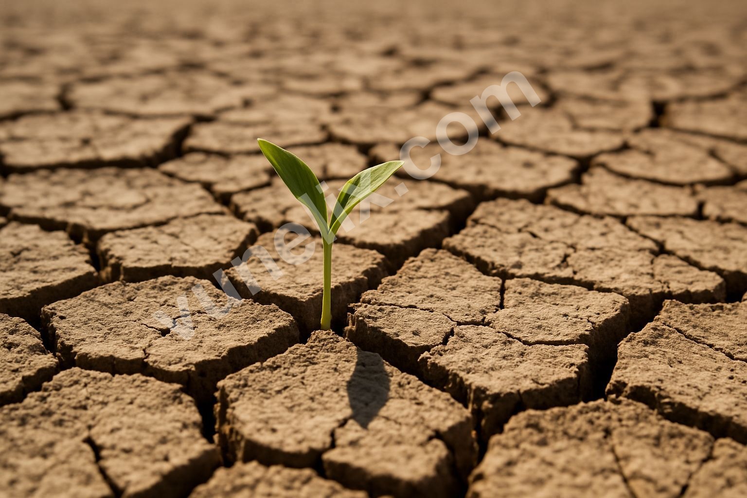 Green sprout pushing through cracked, dry ground, symbolizing fragile hope.