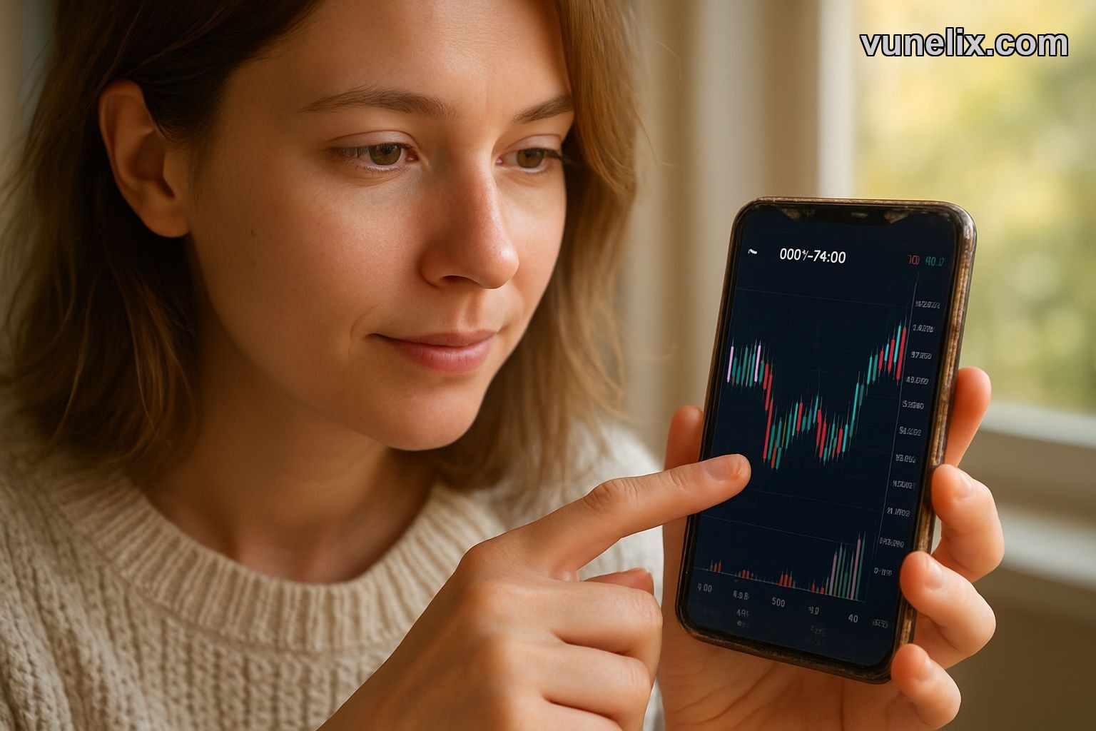 Woman pointing at GBP/NZD forex chart, bustling market background.