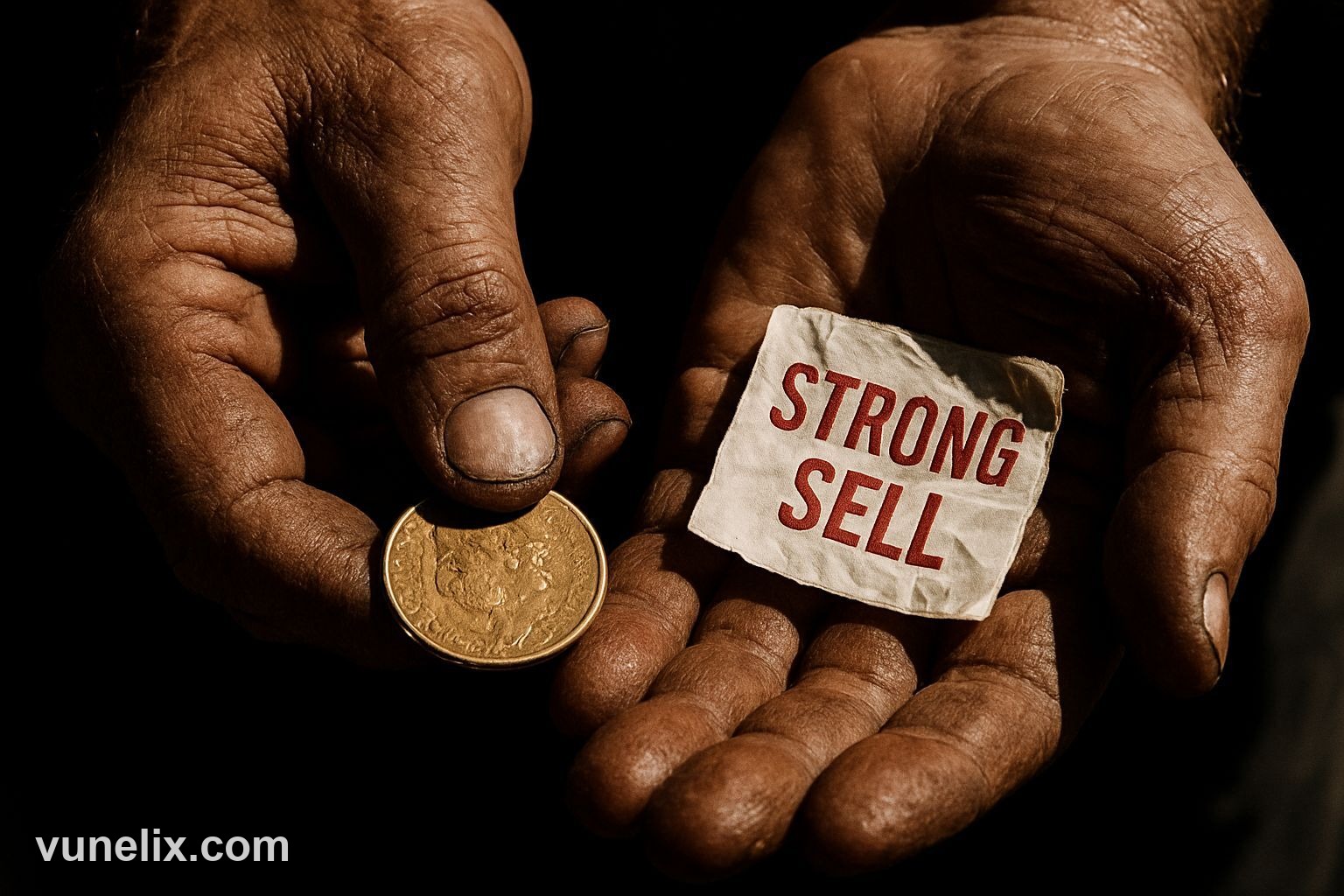 Hands holding gold coin versus 'Strong Sell' signal.