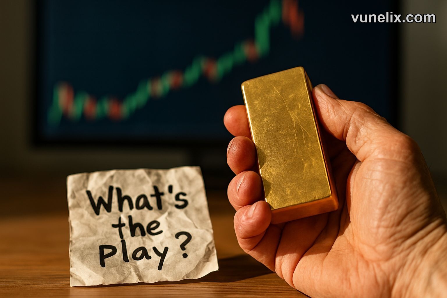 Hand holding gold bar, pondering "What's the play?"