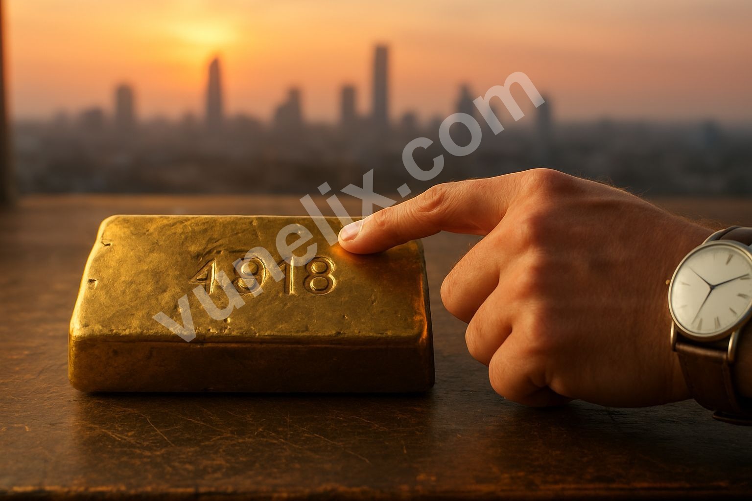 Gold bar with price drop on trading desk city view