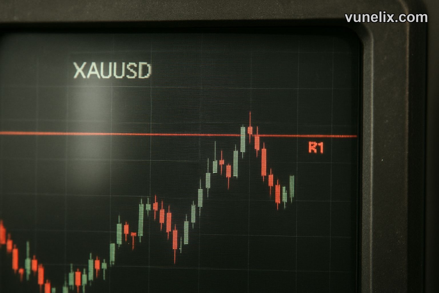 Close-up of a GOLD / U.S. DOLLAR chart with resistance line.