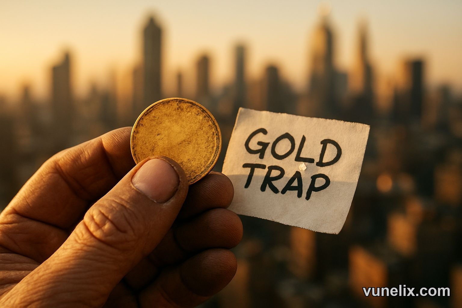 Hand holding a gold coin with "GOLD: TRAP OR TREASURE?" text.