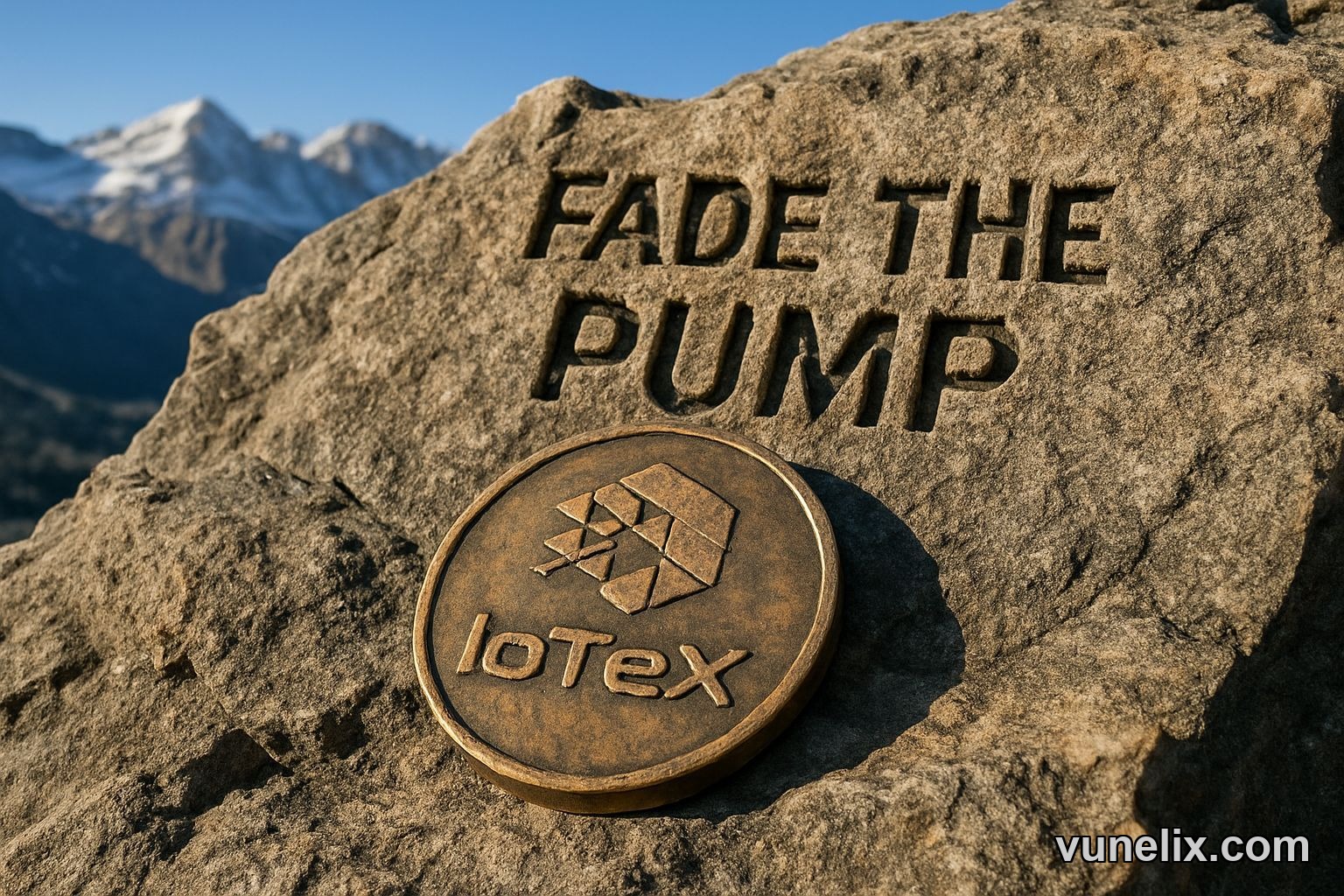 IoTeX crypto coin on a mountain, text "FADE THE PUMP?" carved into rock.