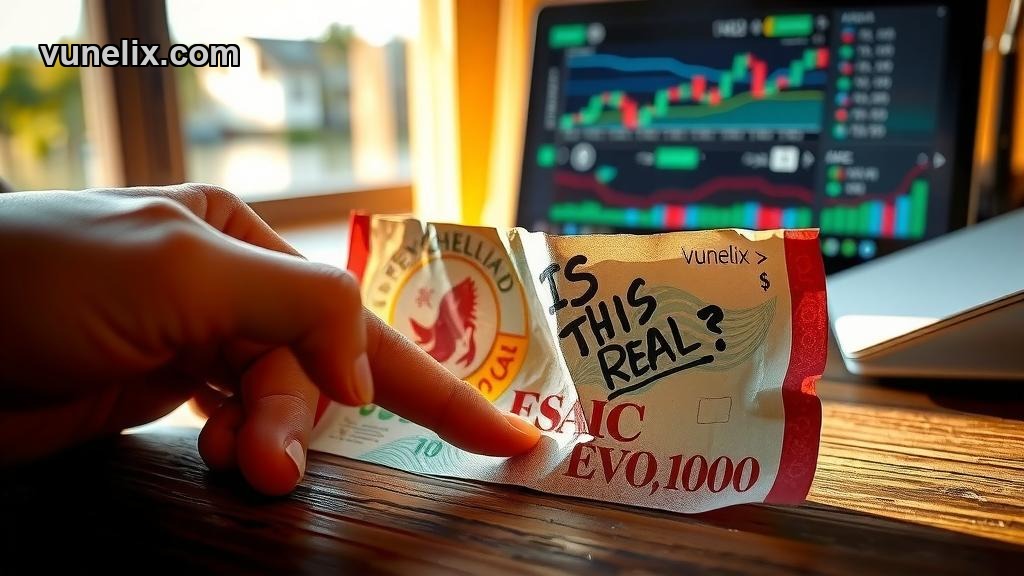 Hand touching New Zealand Dollar / Seychellois Rupee banknote near Vunelix chart.