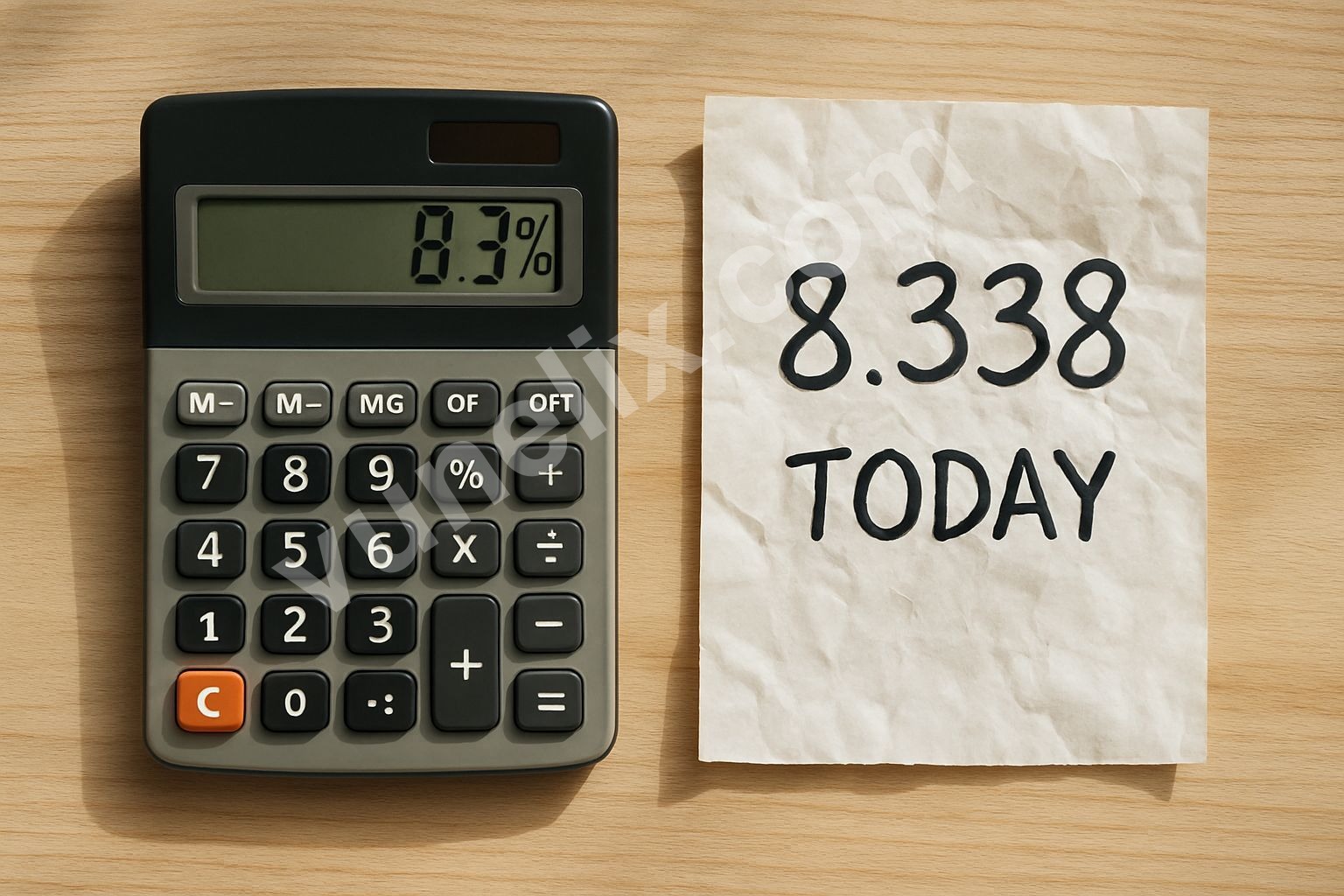 Calculator showing percentage increase next to handwritten note.