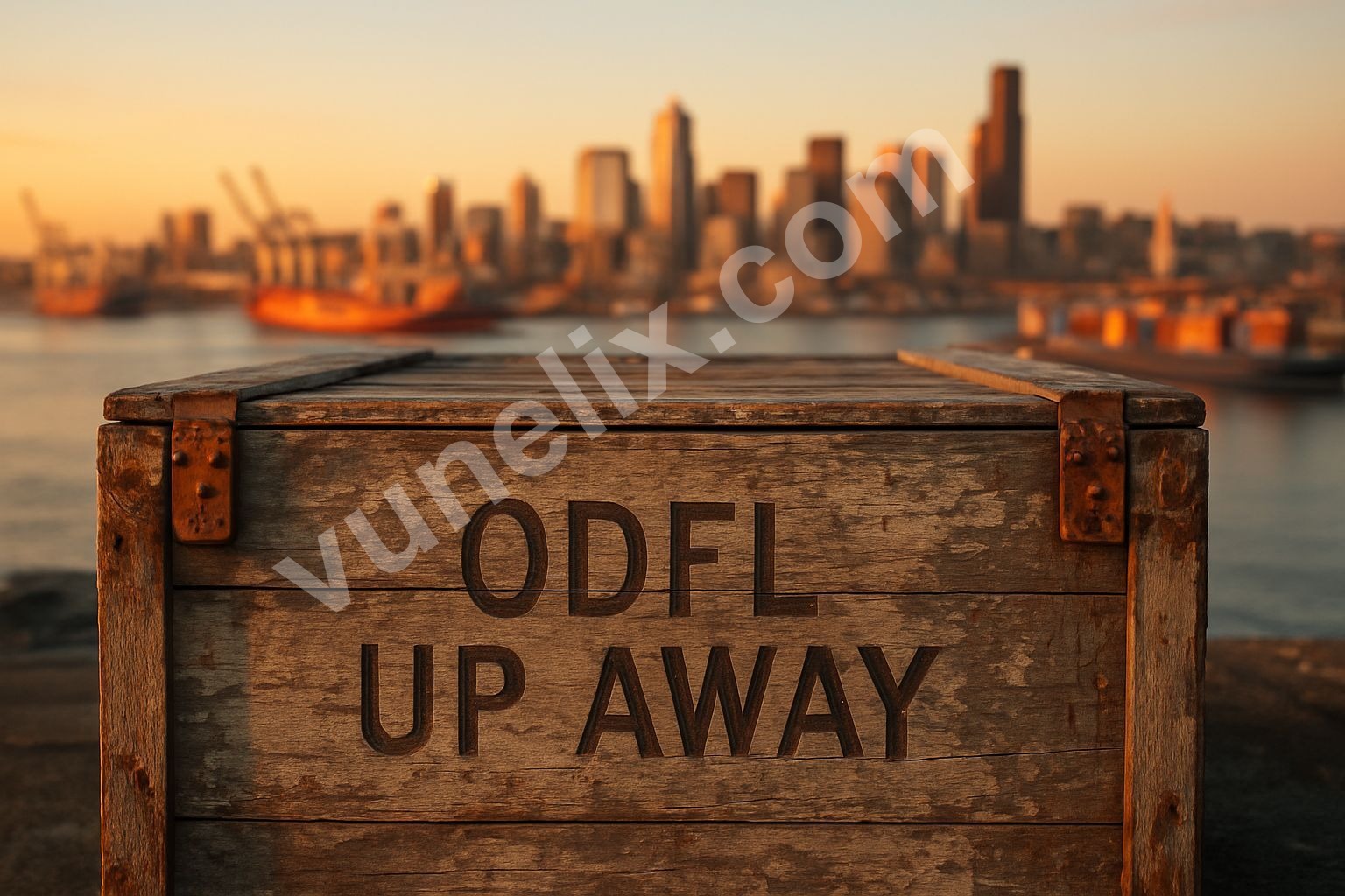 Weathered wooden shipping crate with "ODFL: UP & AWAY" etched, city port background.