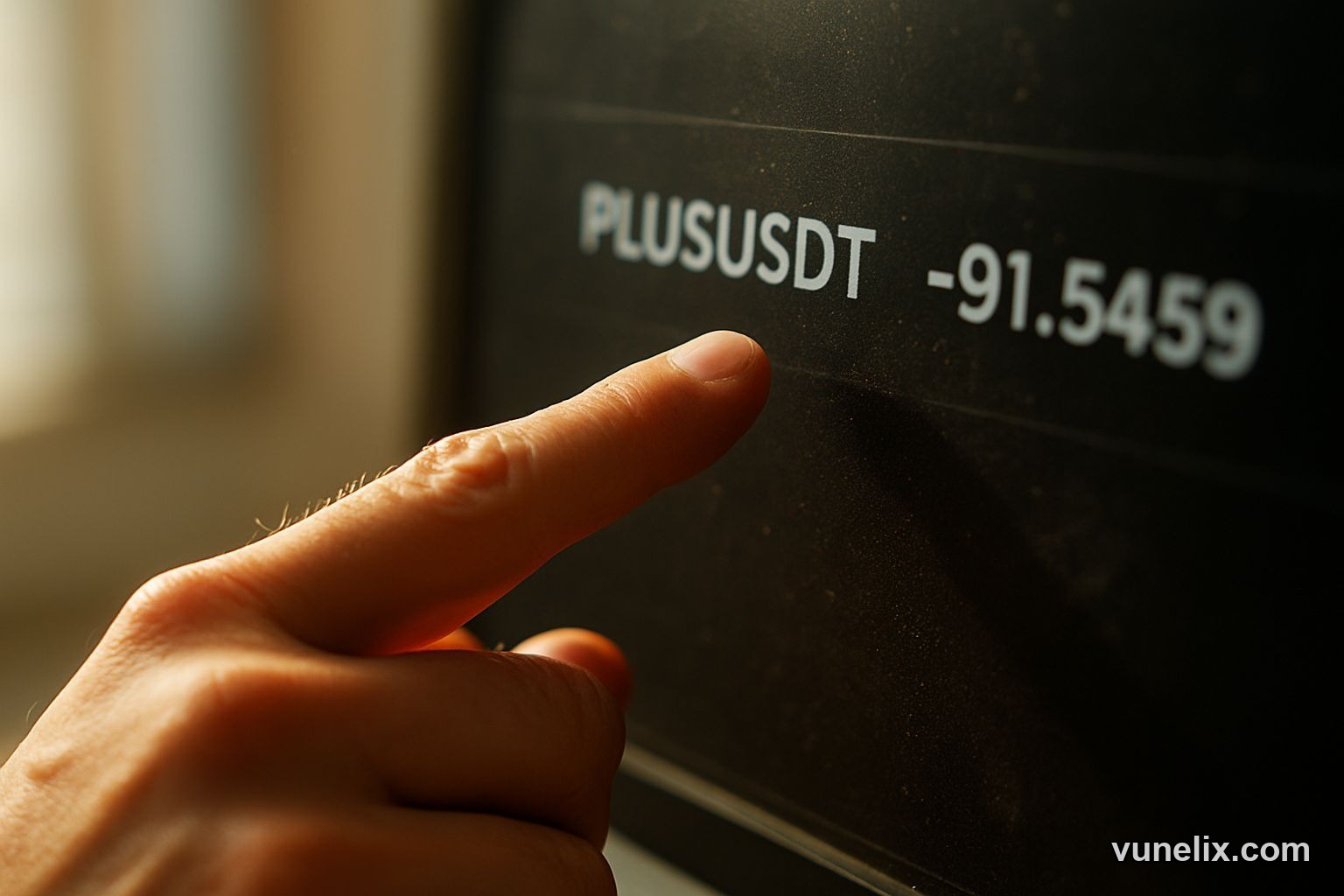 Man points at PLUSUSDT price crash, asking "What Now?".