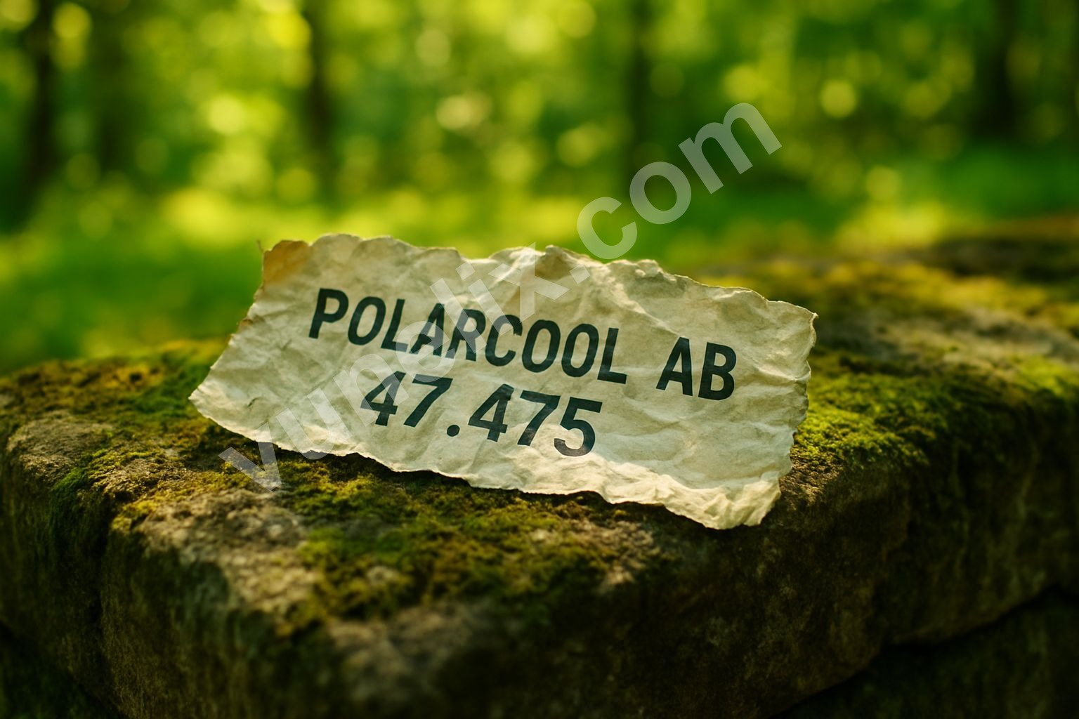 Crumpled stock ticker tape showing POLARCOOL AB surge on a mossy wall.