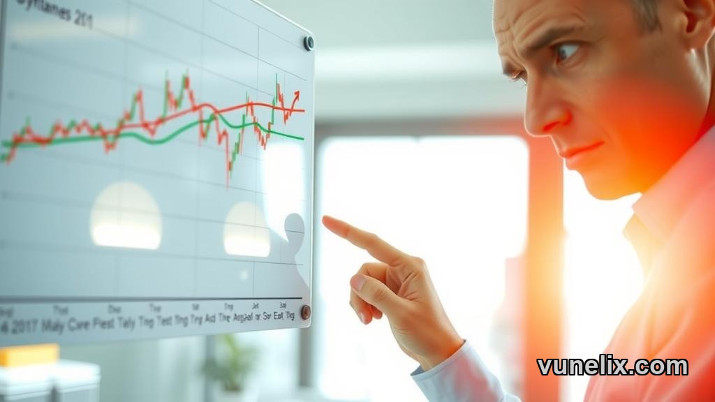 Analyst pointing at conflicting moving average signals on chart