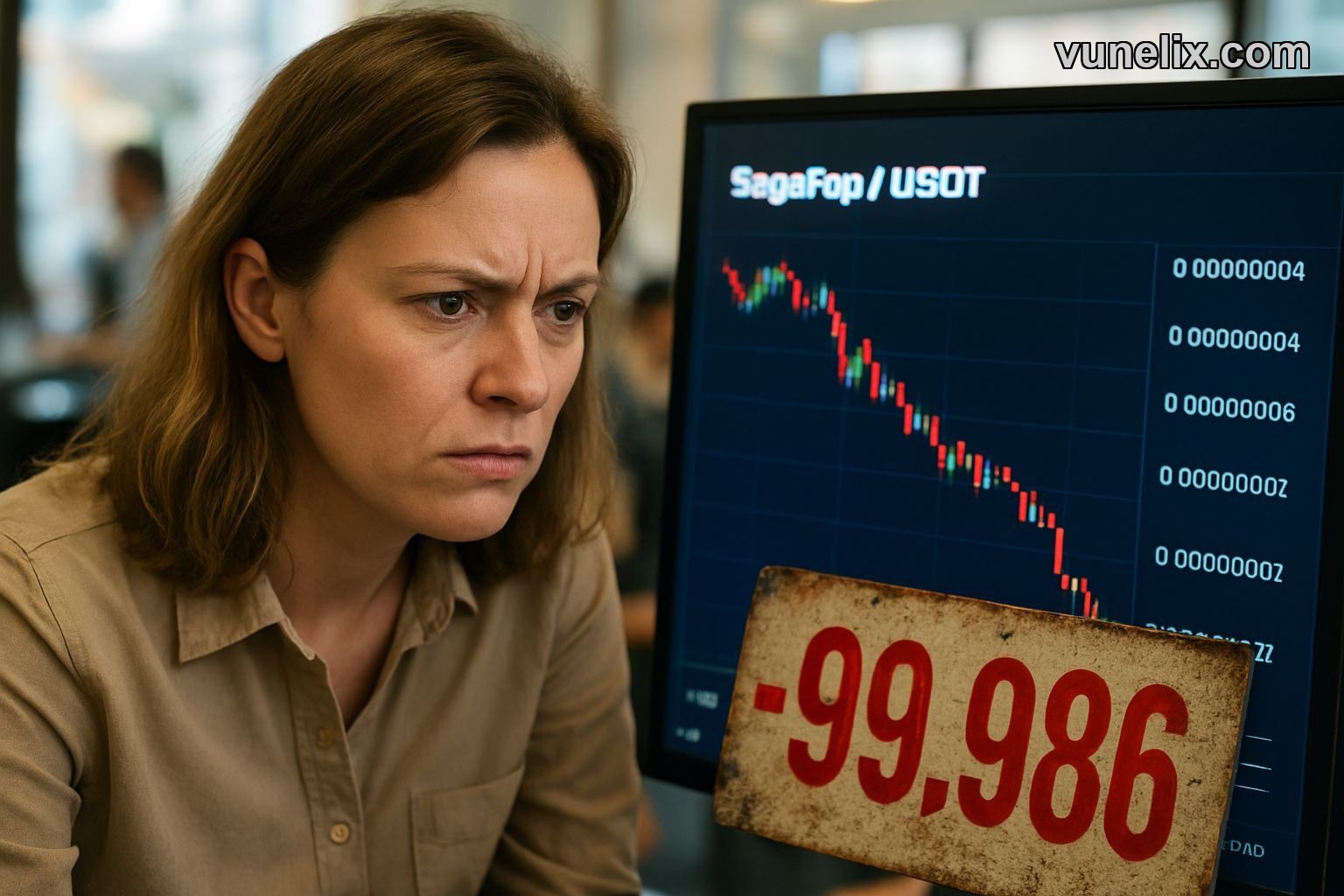 Woman studying SagaPop / USDT crypto crash chart.