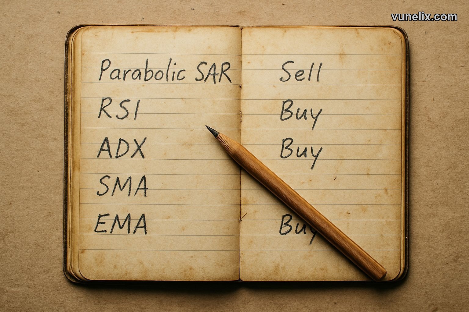Notebook with conflicting buy/sell signals for financial indicators.