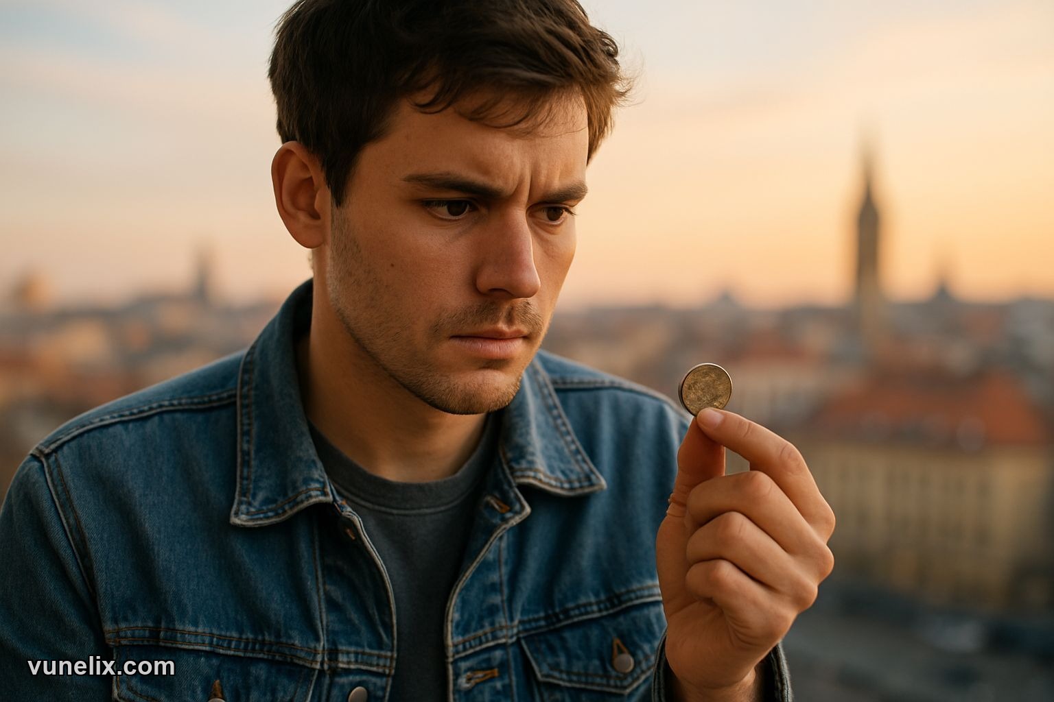 Young man holding tarnished coin, contemplating, with "Is This The Bottom?" written on paper.
