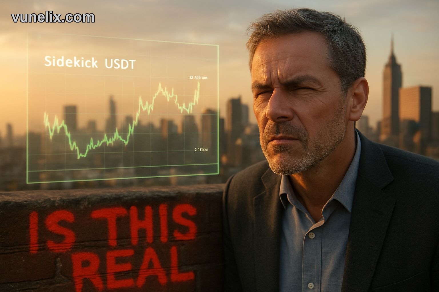 Skeptical investor looking at Sidekick USDT price chart on city skyline.