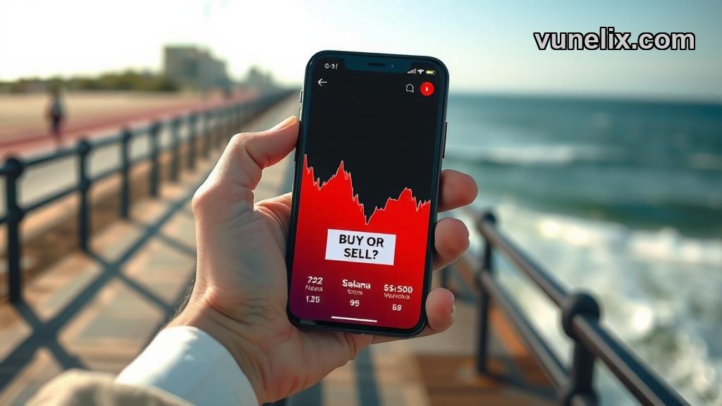 Person checking conflicting Solana buy sell signals on phone outdoors