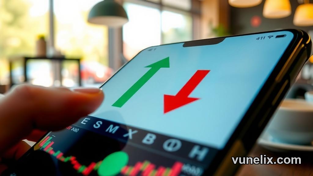 Conflicting technical indicators on smartphone screen closeup