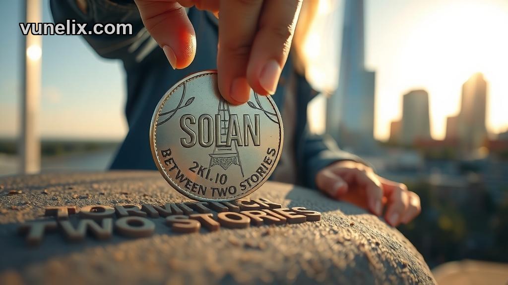 Solana coin on concrete with pointing hand and carved text