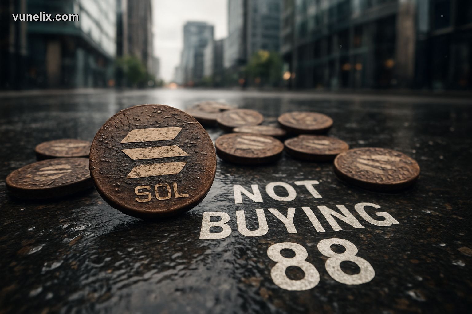 Solana price forecast analysis with cryptocurrency tokens on wet street