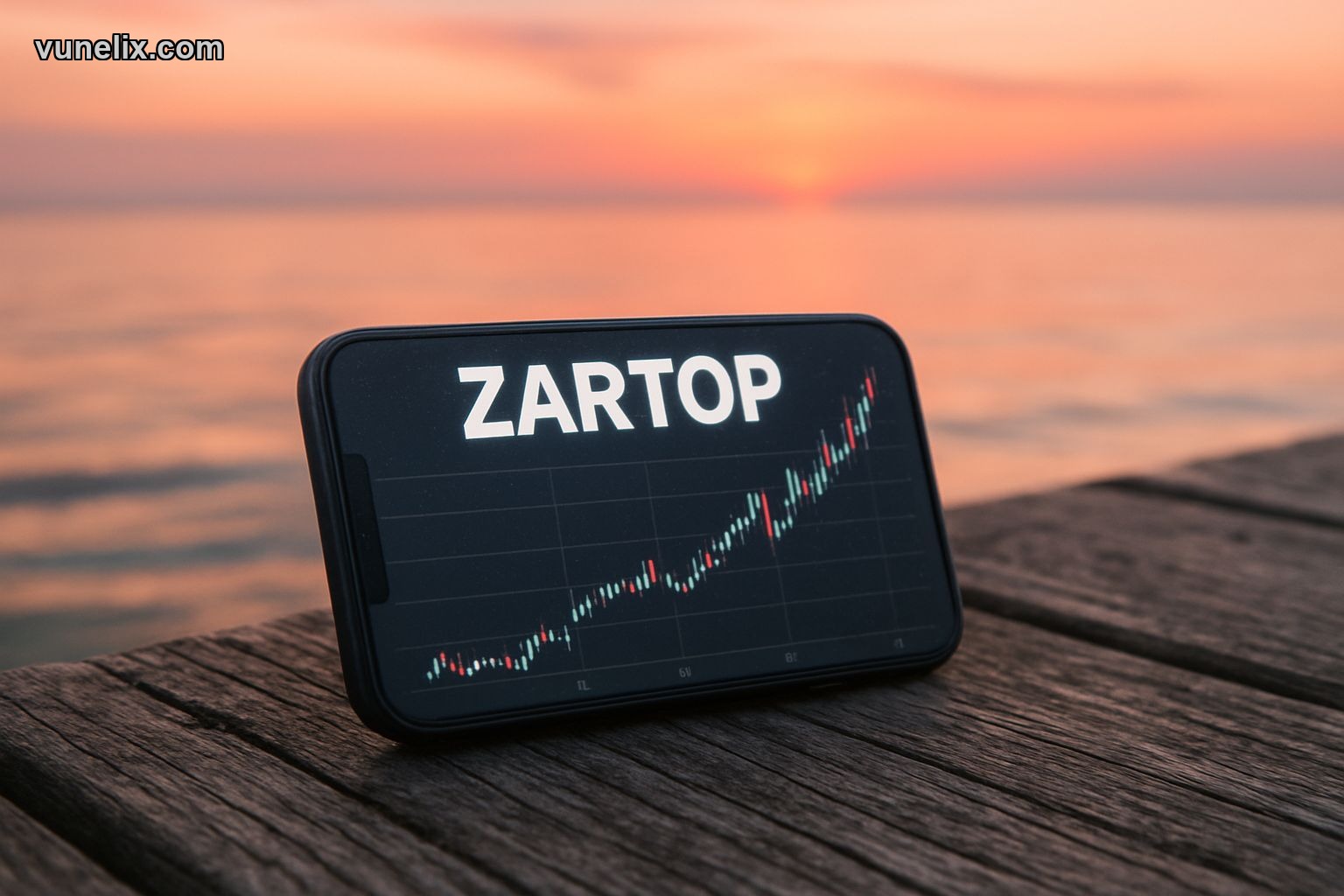 SOUTH AFRICAN RAND / TONGAN PA’ANGA price chart on phone showing bullish trend at sunset.